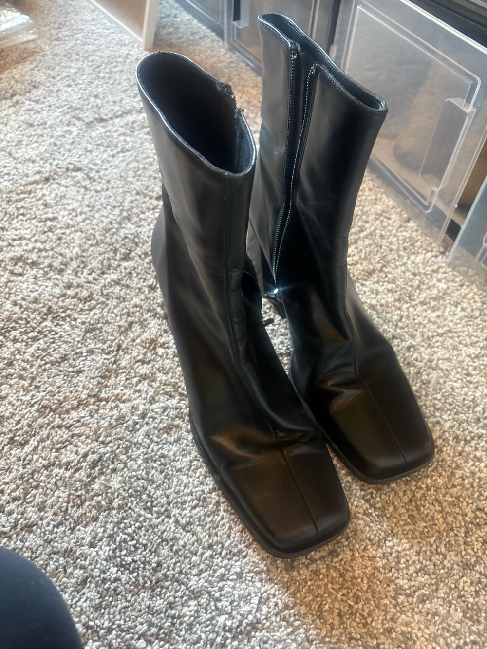 ALOHAS Black Square-Toe Mid-Calf Heeled Boots